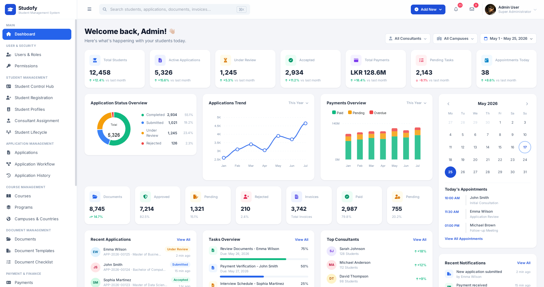 Studofy Applications Dashboard